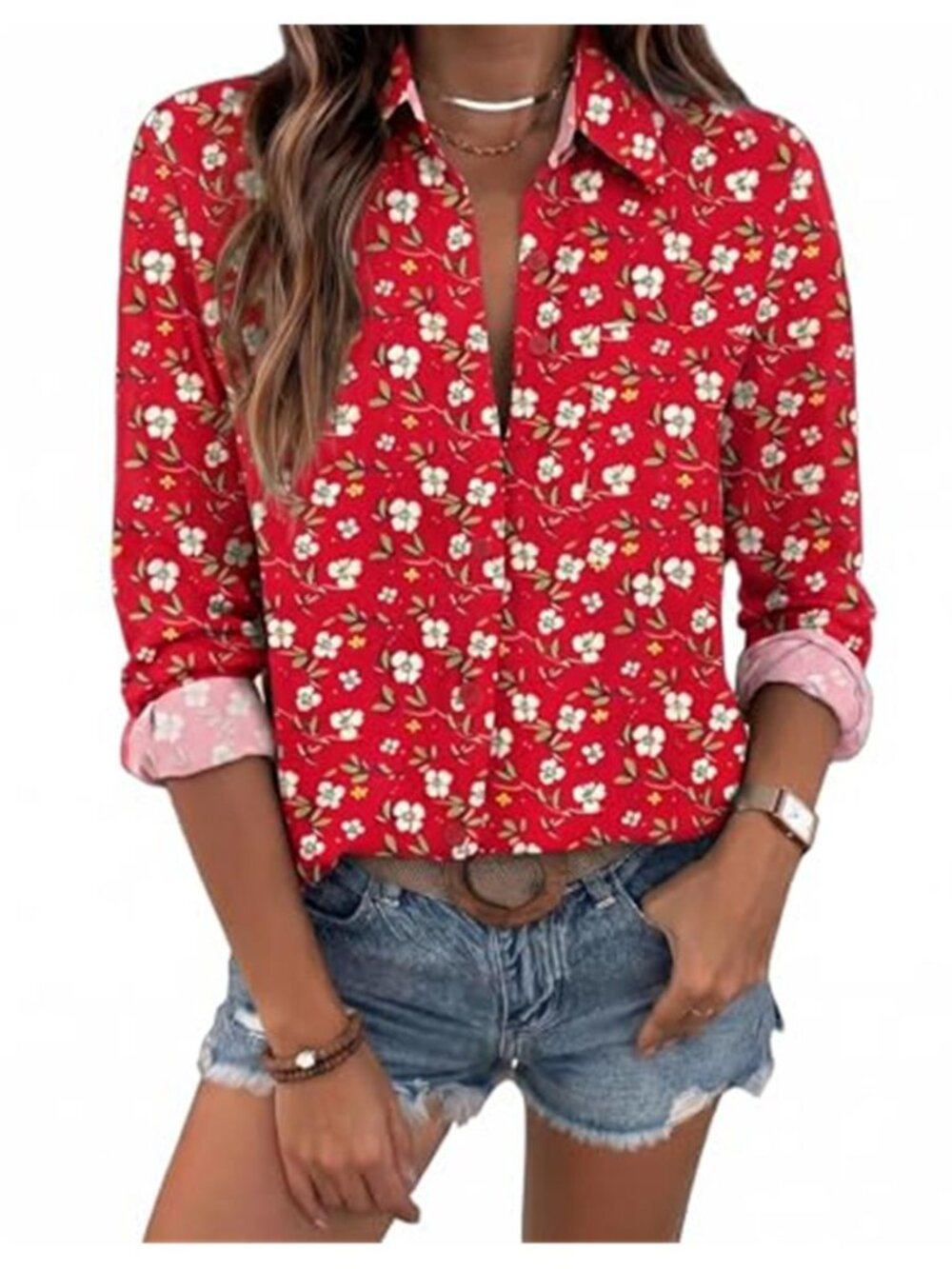 Womens Button Down Blouse Long Sleeve V Neck Casual Work Office Shirt Printed